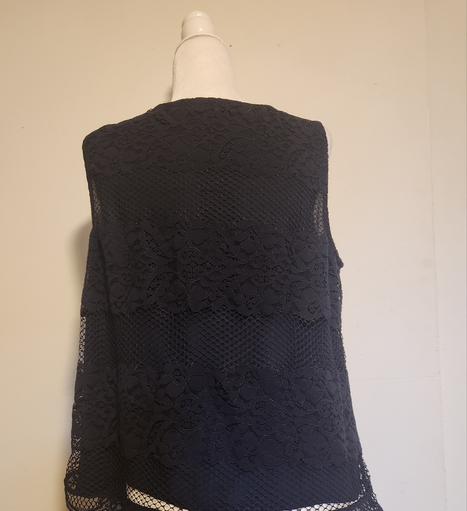 Ann Taylor LOFT Dark Navy Blue Lace Crochet Tank Top Blouse Large L EUC - Picture 4 of 6